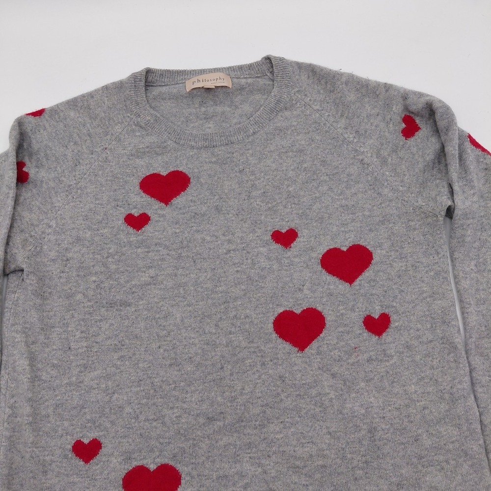 Philosophy Republic Clothing Cashmere Sweater XL Gray Red Hearts Cozy Knit Love